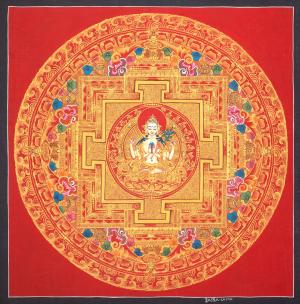Chengrezig Mandala |Avalokiteshvara, Chenrezig, Hand-painted Tibetan Thangka Painting in 24K Gold